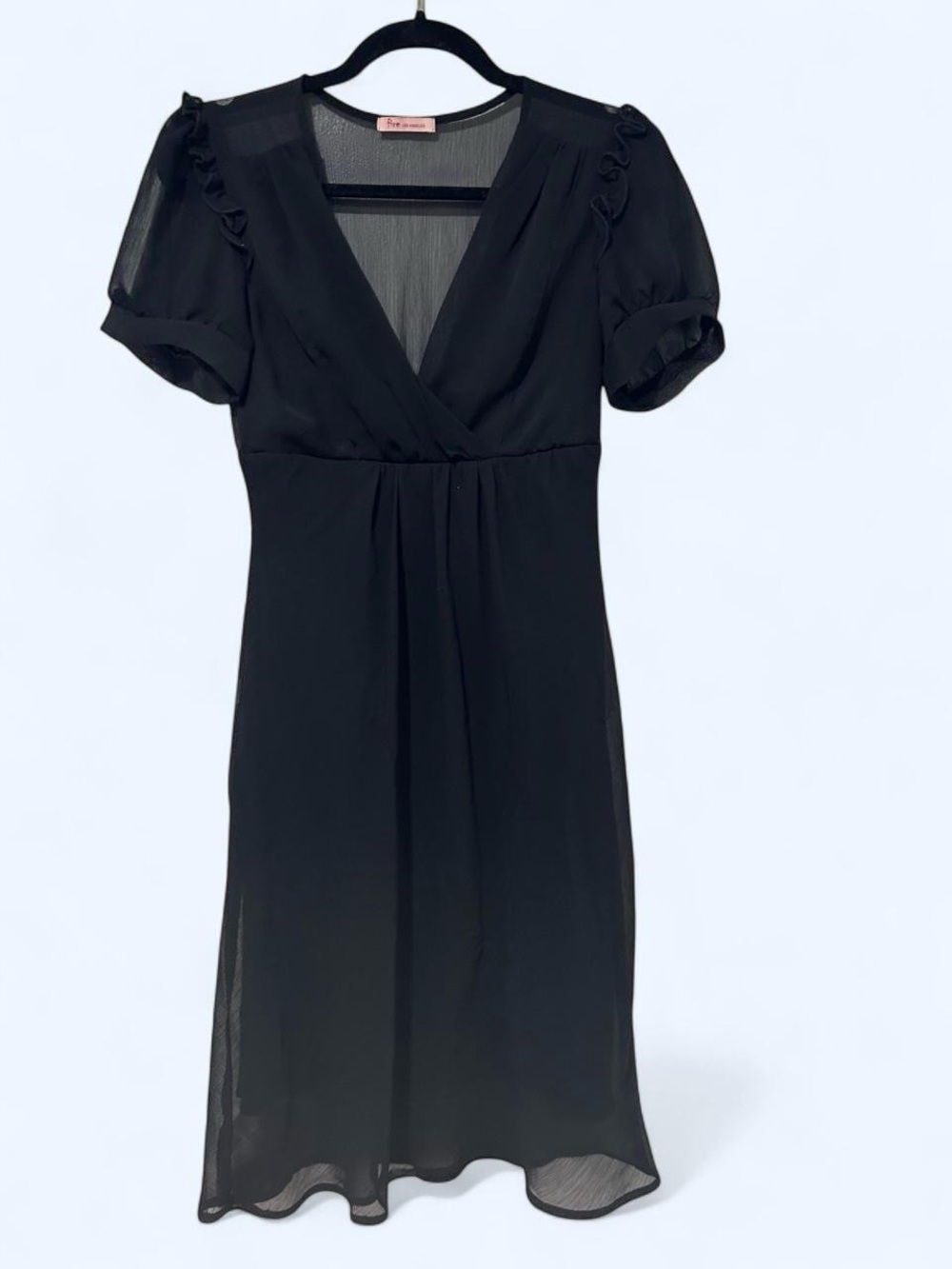 Fire Los Angeles Romantic Goth Black V-Neck Midi Dress with Puff Sleeves size m